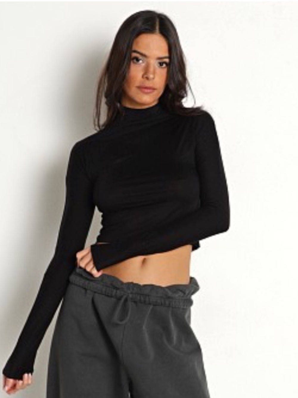 Joah Brown Mock Neck Black Crop Fitted Top Size S